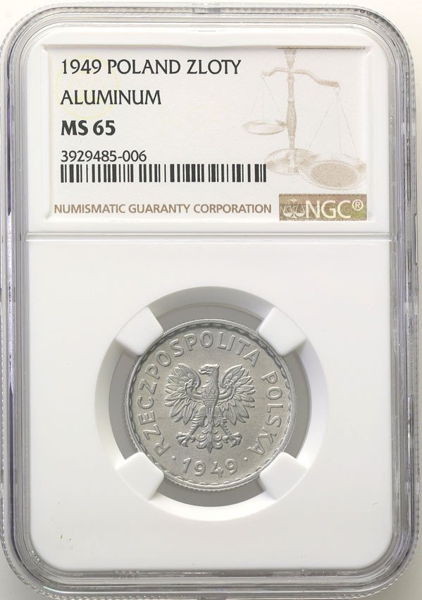 PRL. 1 złoty 1949 aluminium NGC MS65